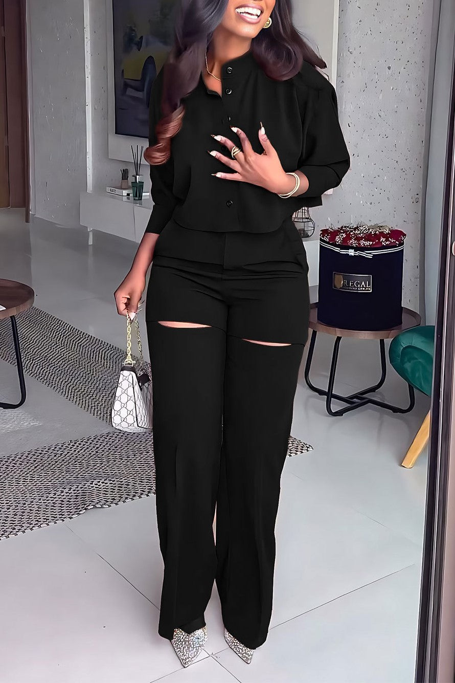 Cropped Button Shirt and Knee Slit Trouser Set - Black - 3