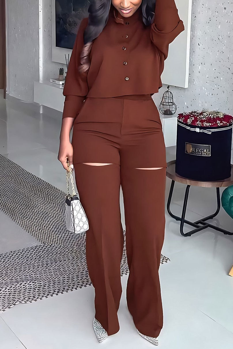 Cropped Button Shirt and Knee Slit Trouser Set - Brown
