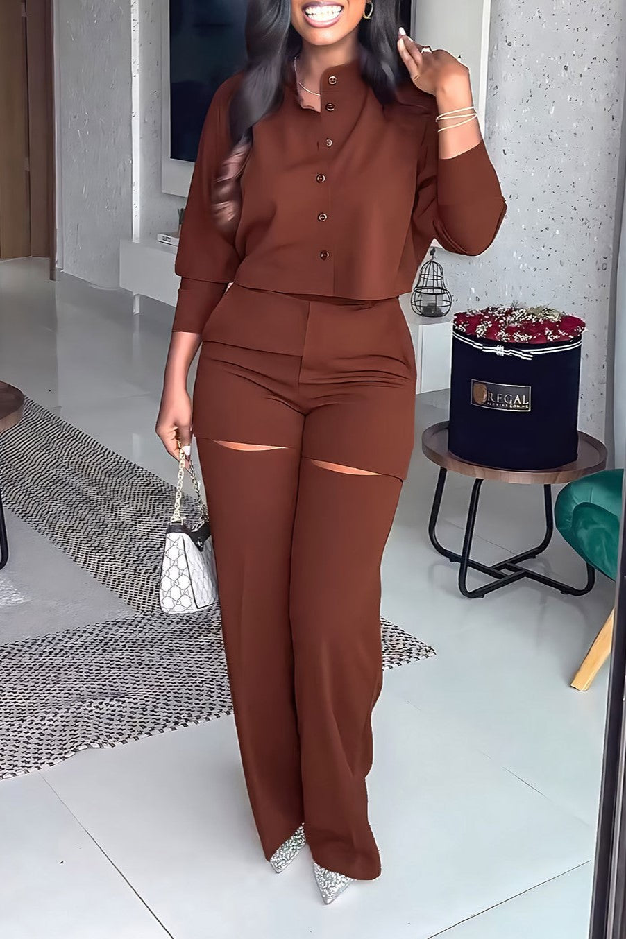 Cropped Button Shirt and Knee Slit Trouser Set - Brown - 1
