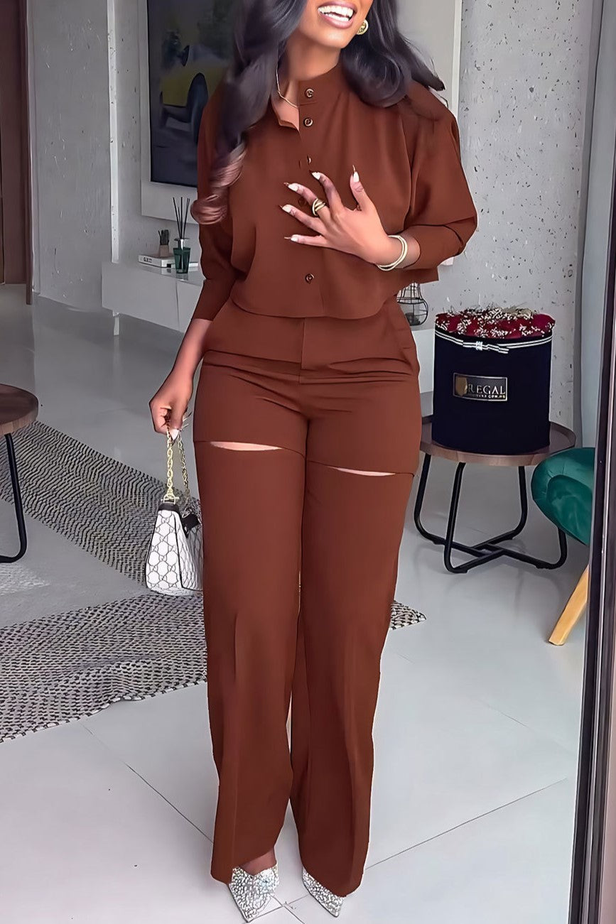 Cropped Button Shirt and Knee Slit Trouser Set - Brown - 11