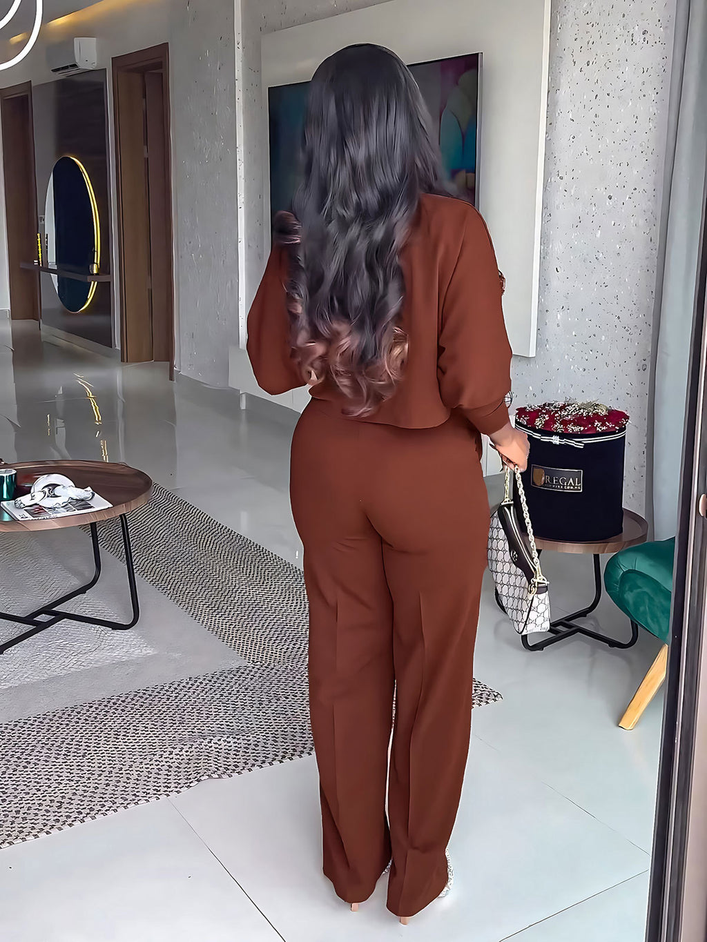 Cropped Button Shirt and Knee Slit Trouser Set - Brown - 2