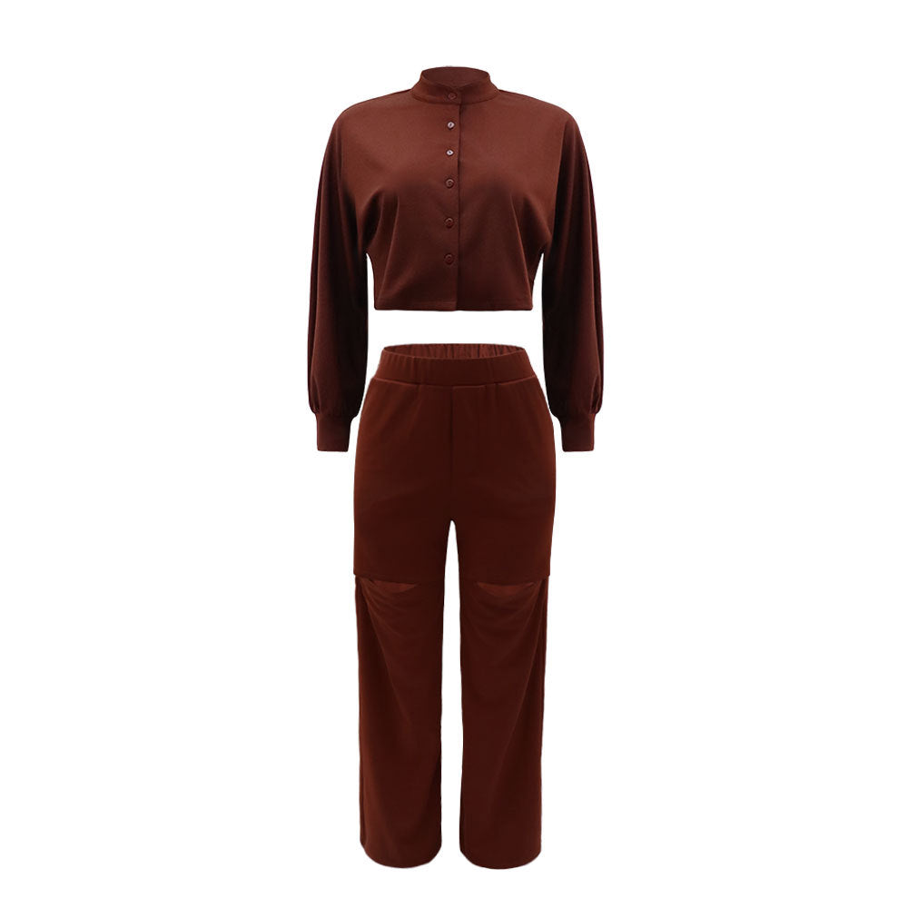 Cropped Button Shirt and Knee Slit Trouser Set - Brown - 3