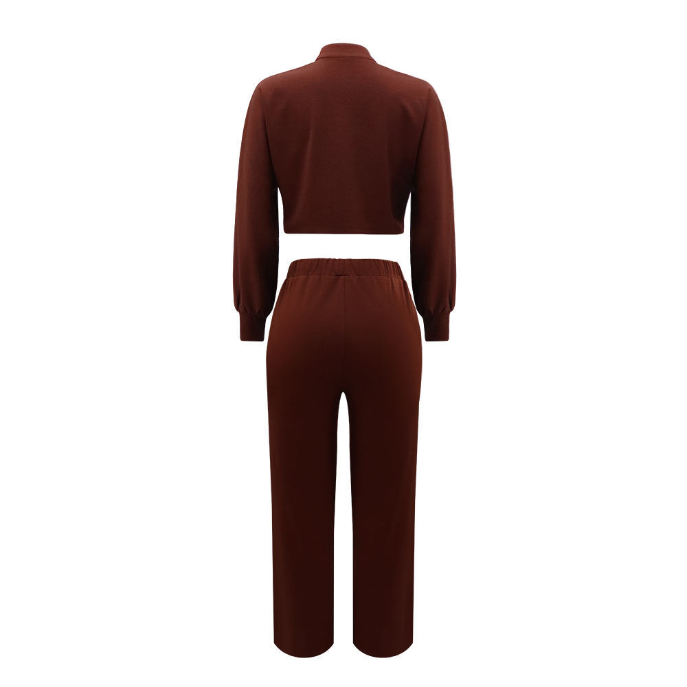 Cropped Button Shirt and Knee Slit Trouser Set - Brown - 4