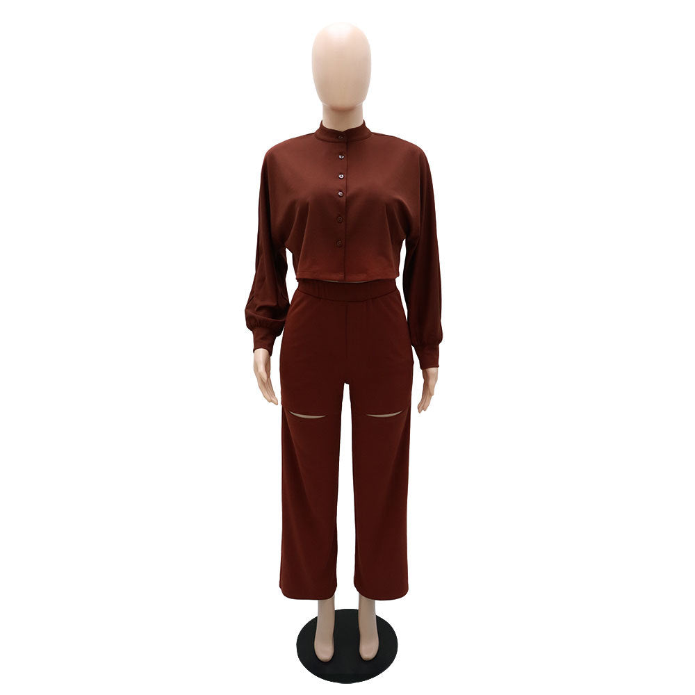 Cropped Button Shirt and Knee Slit Trouser Set - Brown - 5