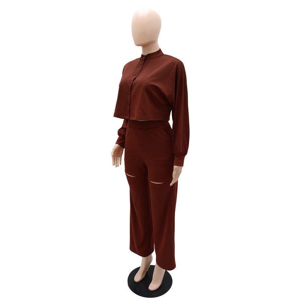 Cropped Button Shirt and Knee Slit Trouser Set - Brown - 6