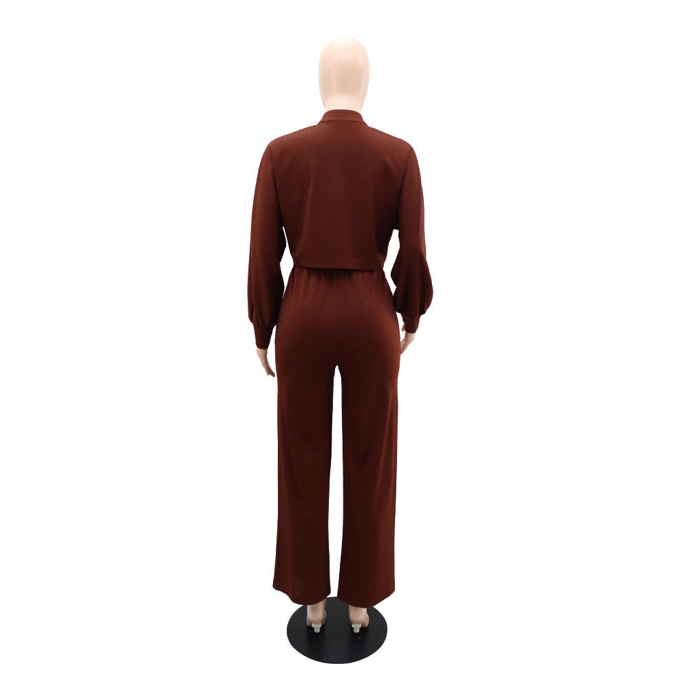 Cropped Button Shirt and Knee Slit Trouser Set - Brown - 7