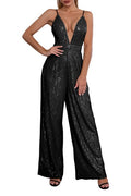 Plunge Neck Sequin Wide Leg Evening Jumpsuit - Black
