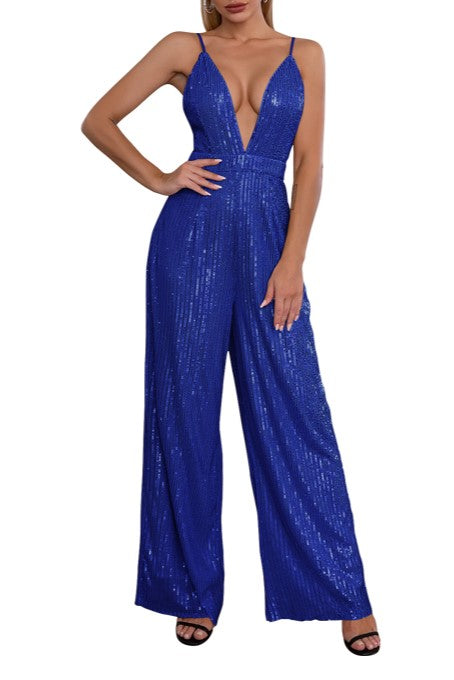Plunge Neck Sequin Wide Leg Evening Jumpsuit - Blue