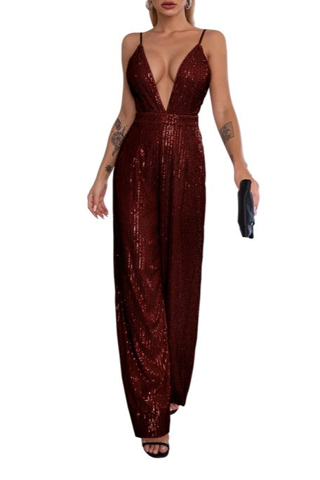 Plunge Neck Sequin Wide Leg Evening Jumpsuit - Burgundy