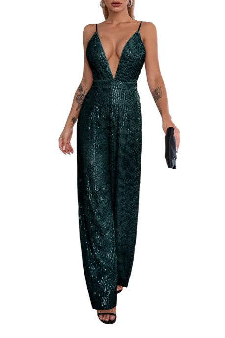 Plunge Neck Sequin Wide Leg Evening Jumpsuit - Forest