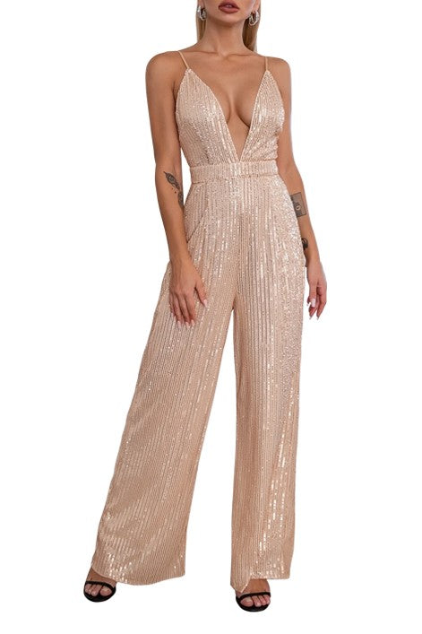 Plunge Neck Sequin Wide Leg Evening Jumpsuit - Gold