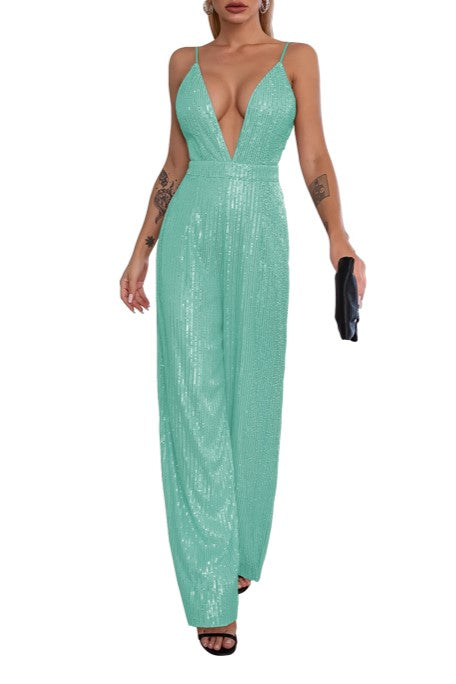 Plunge Neck Sequin Wide Leg Evening Jumpsuit - Green
