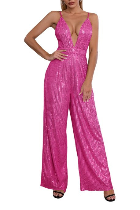 Plunge Neck Sequin Wide Leg Evening Jumpsuit - Hot_pink