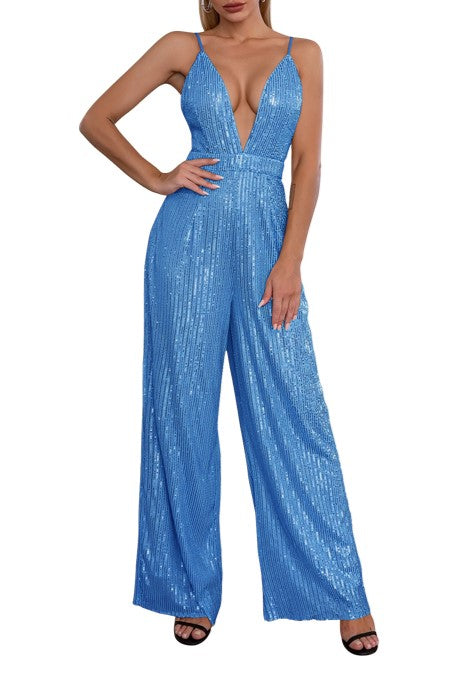 Plunge Neck Sequin Wide Leg Evening Jumpsuit - LT-Blue