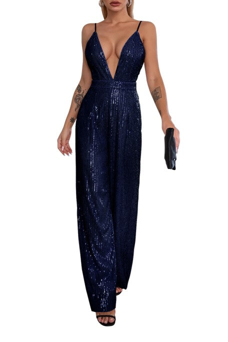 Plunge Neck Sequin Wide Leg Evening Jumpsuit - Navy