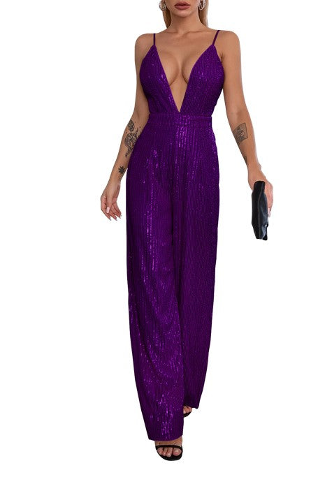 Plunge Neck Sequin Wide Leg Evening Jumpsuit - Purple
