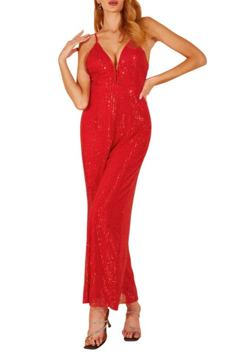 Plunge Neck Sequin Wide Leg Evening Jumpsuit - Red - 1
