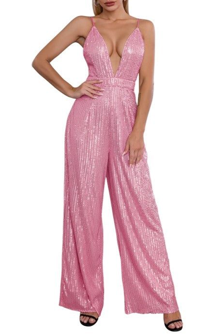 Plunge Neck Sequin Wide Leg Evening Jumpsuit - Rose Gold