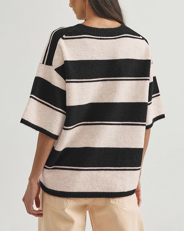 Bold Striped Short Sleeve Knit Sweater - Black - 1