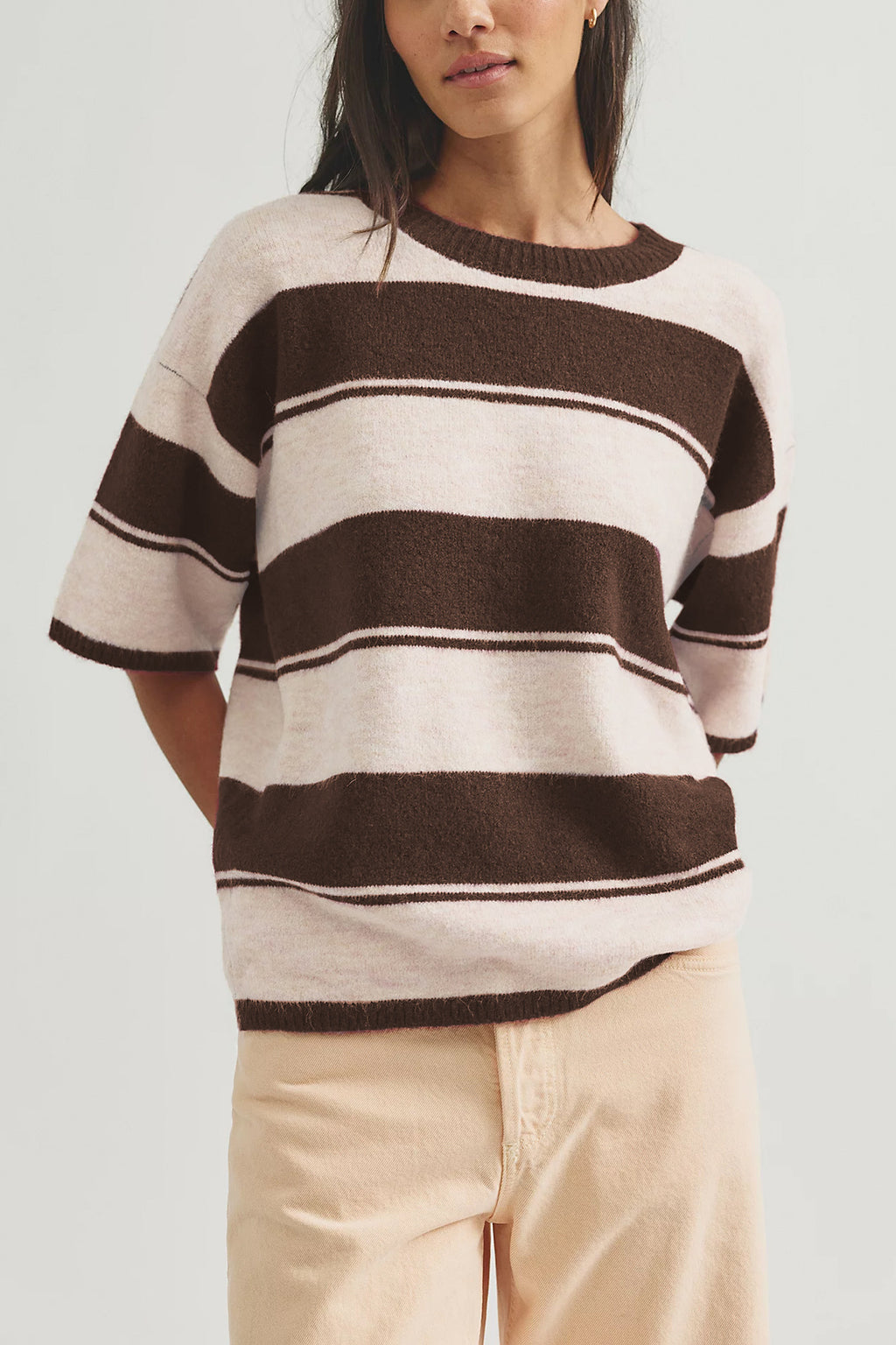 Bold Striped Short Sleeve Knit Sweater - Coffee