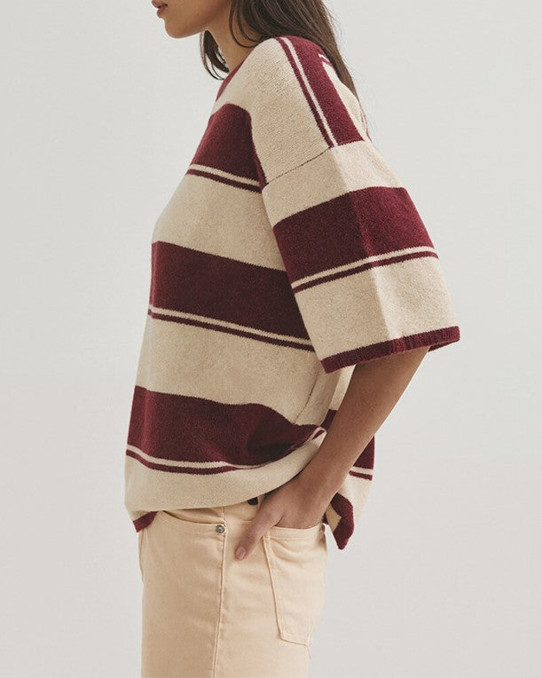 Bold Striped Short Sleeve Knit Sweater - Coffee - 1