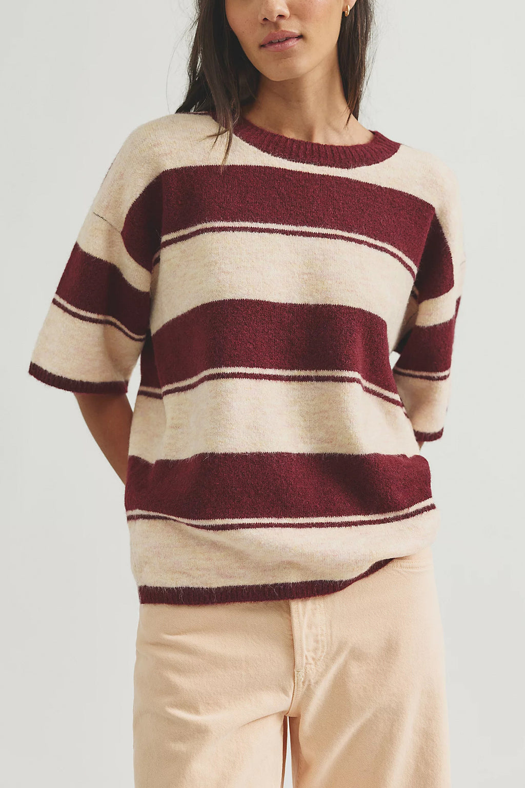 Bold Striped Short Sleeve Knit Sweater - Red