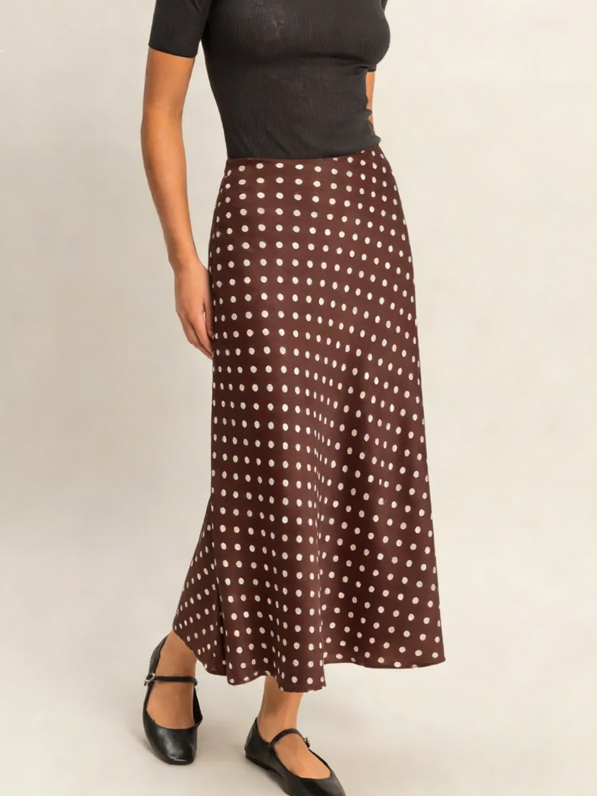 Polka Dot Satin Bias Cut Midi Skirt - Brown