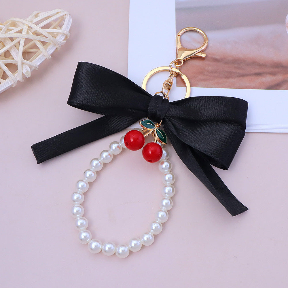 Cherry Pendant Pearl Loop Bow Keychain - Black