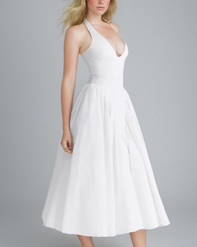 Halter Plunge Neck Full Skirt Midi Dress - White