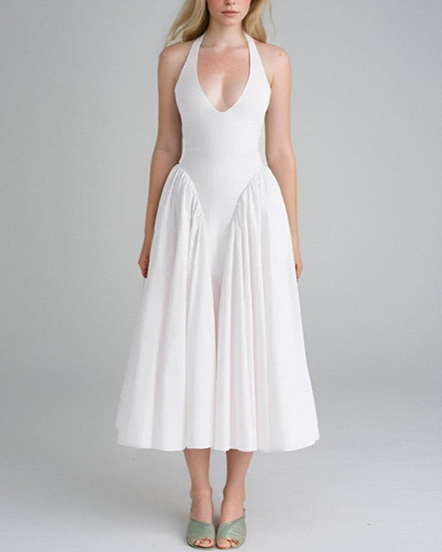 Halter Plunge Neck Full Skirt Midi Dress - White - 1