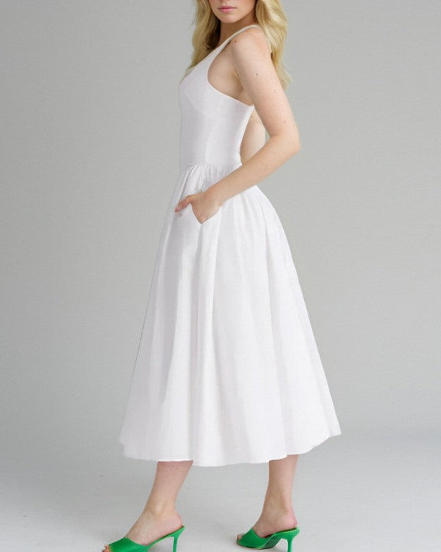 Halter Plunge Neck Full Skirt Midi Dress - White - 3