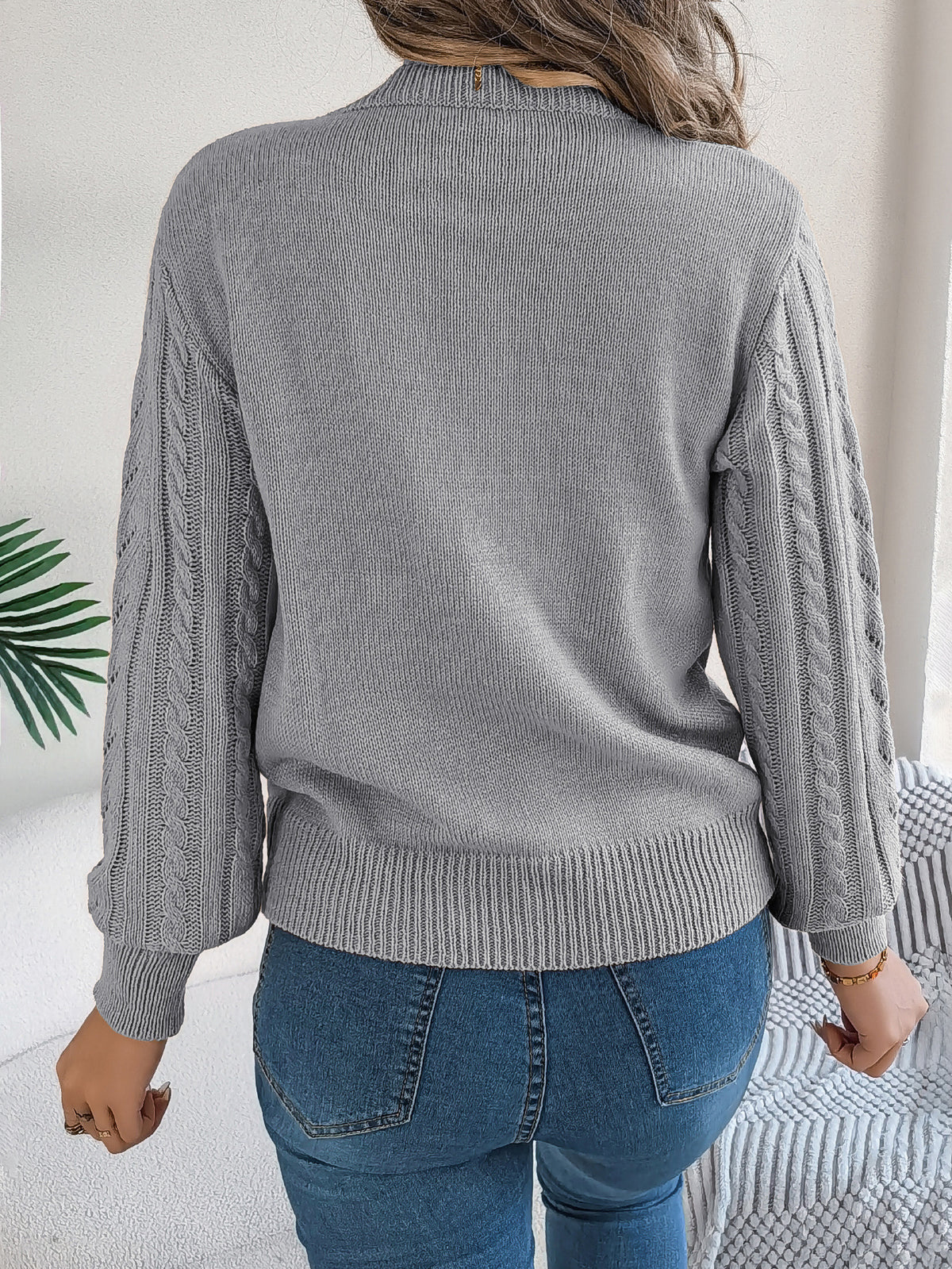 Cable Pointelle Knit Crewneck Sweater - Grey - 1