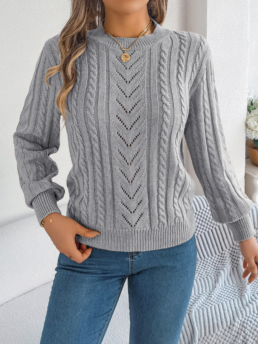 Cable Pointelle Knit Crewneck Sweater - Grey - 2