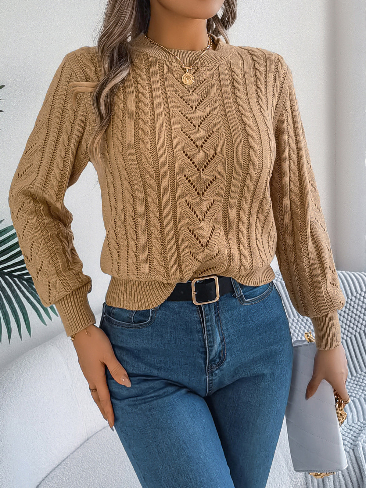 Cable Pointelle Knit Crewneck Sweater - Khaki - 1
