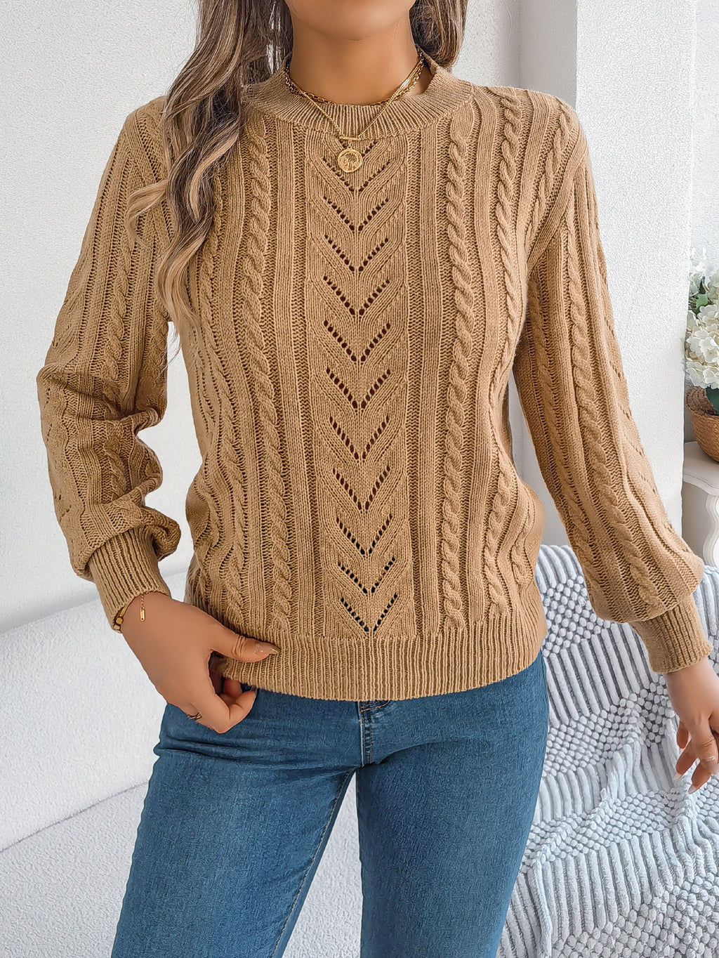 Cable Pointelle Knit Crewneck Sweater - Khaki - 2