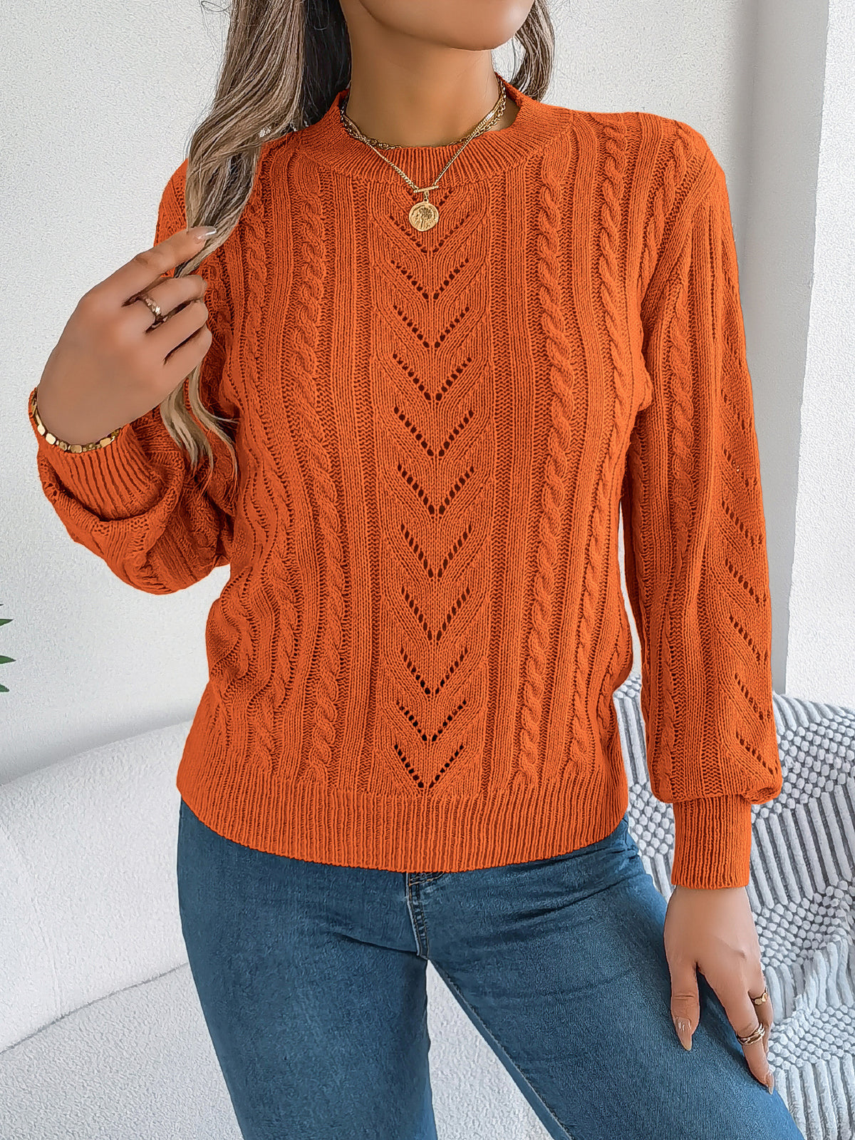 Cable Pointelle Knit Crewneck Sweater - Orange