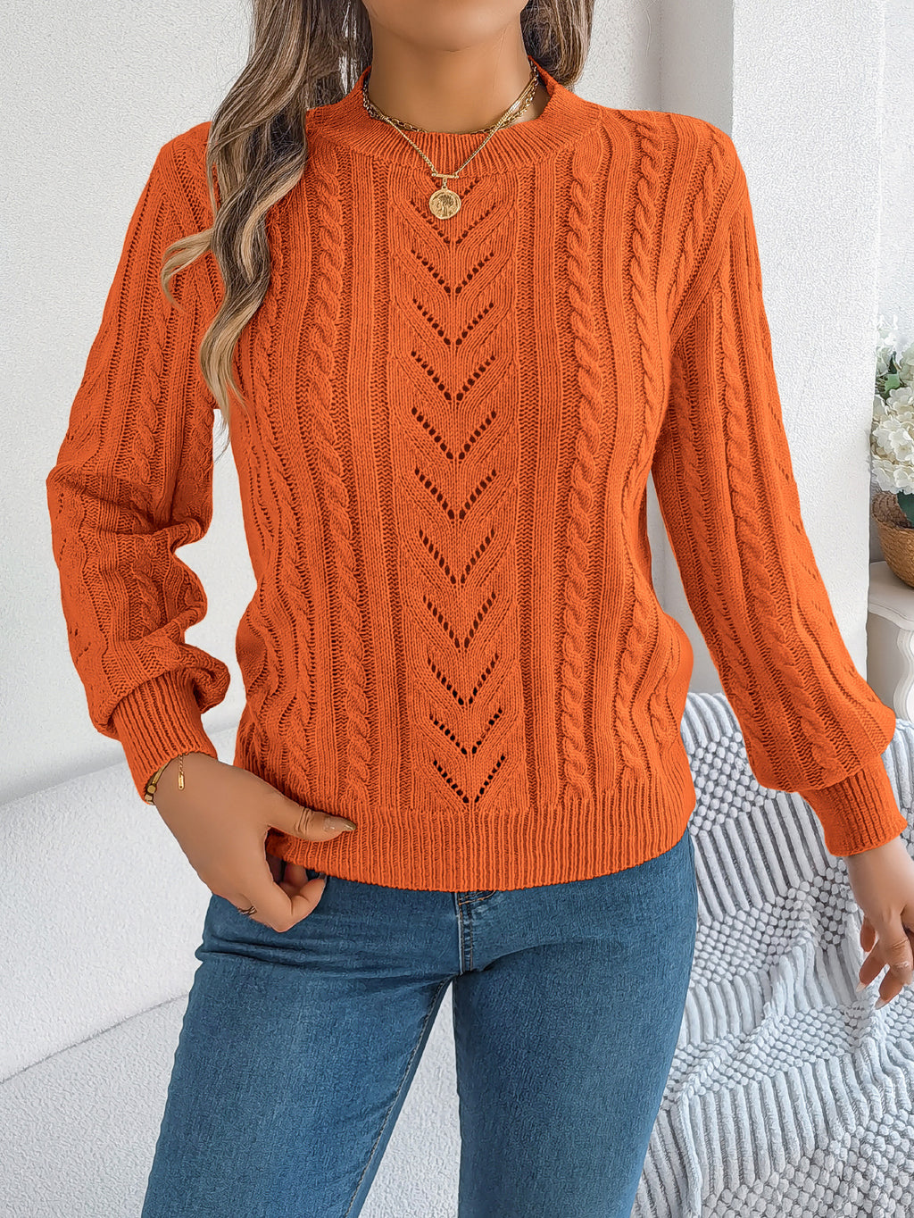 Cable Pointelle Knit Crewneck Sweater - Orange - 1