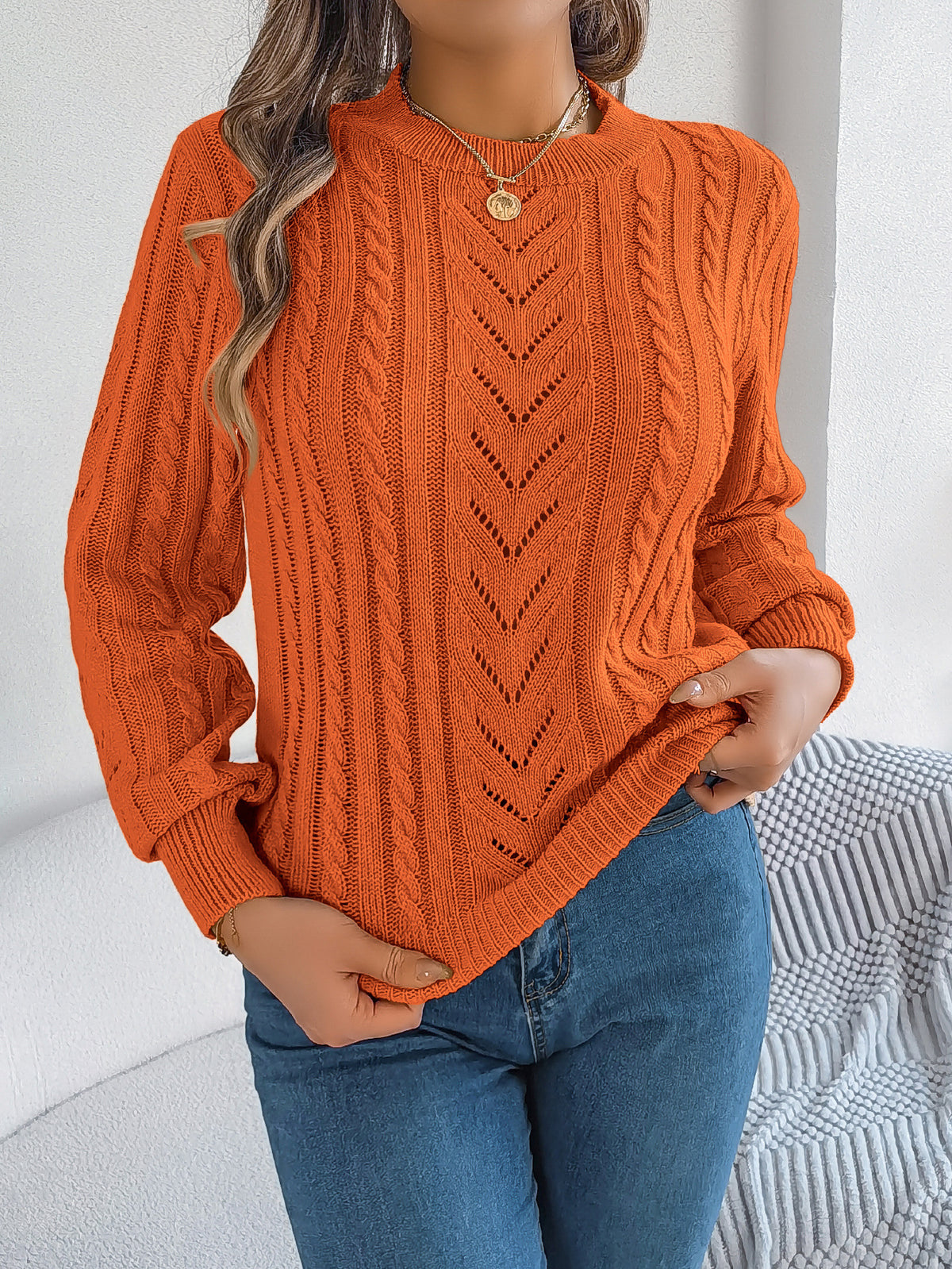 Cable Pointelle Knit Crewneck Sweater