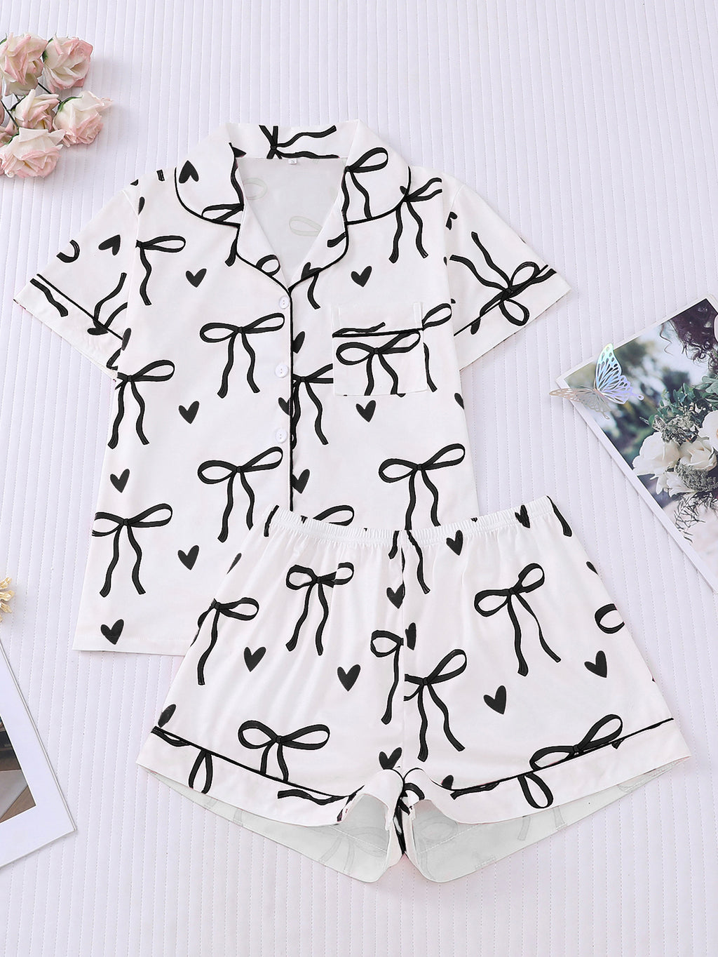 Bow and Heart Print Short Pajama Set - Black