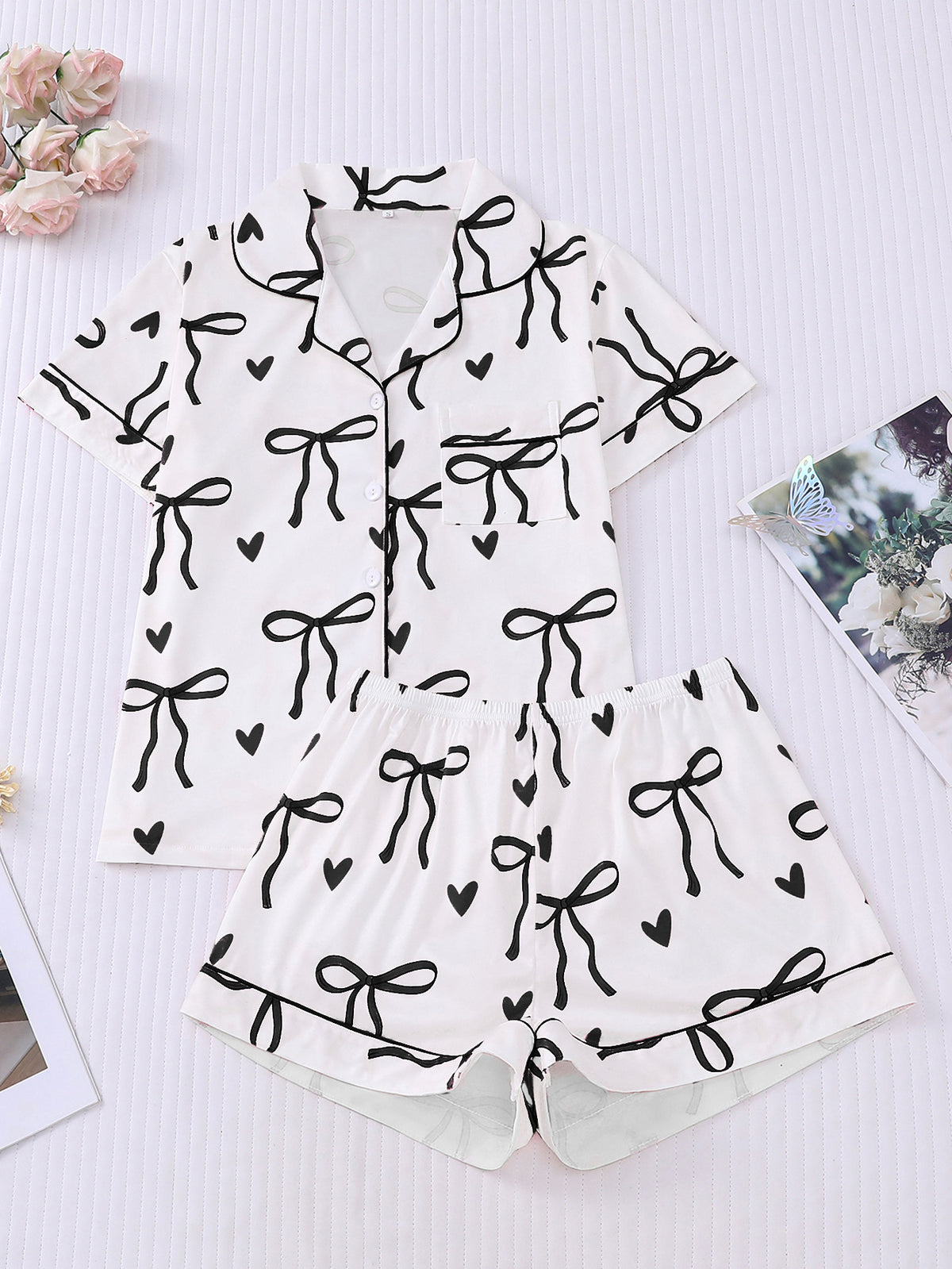 Bow and Heart Print Short Pajama Set - Black