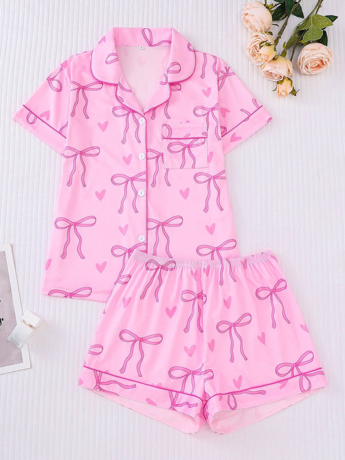 Bow and Heart Print Short Pajama Set - Pink