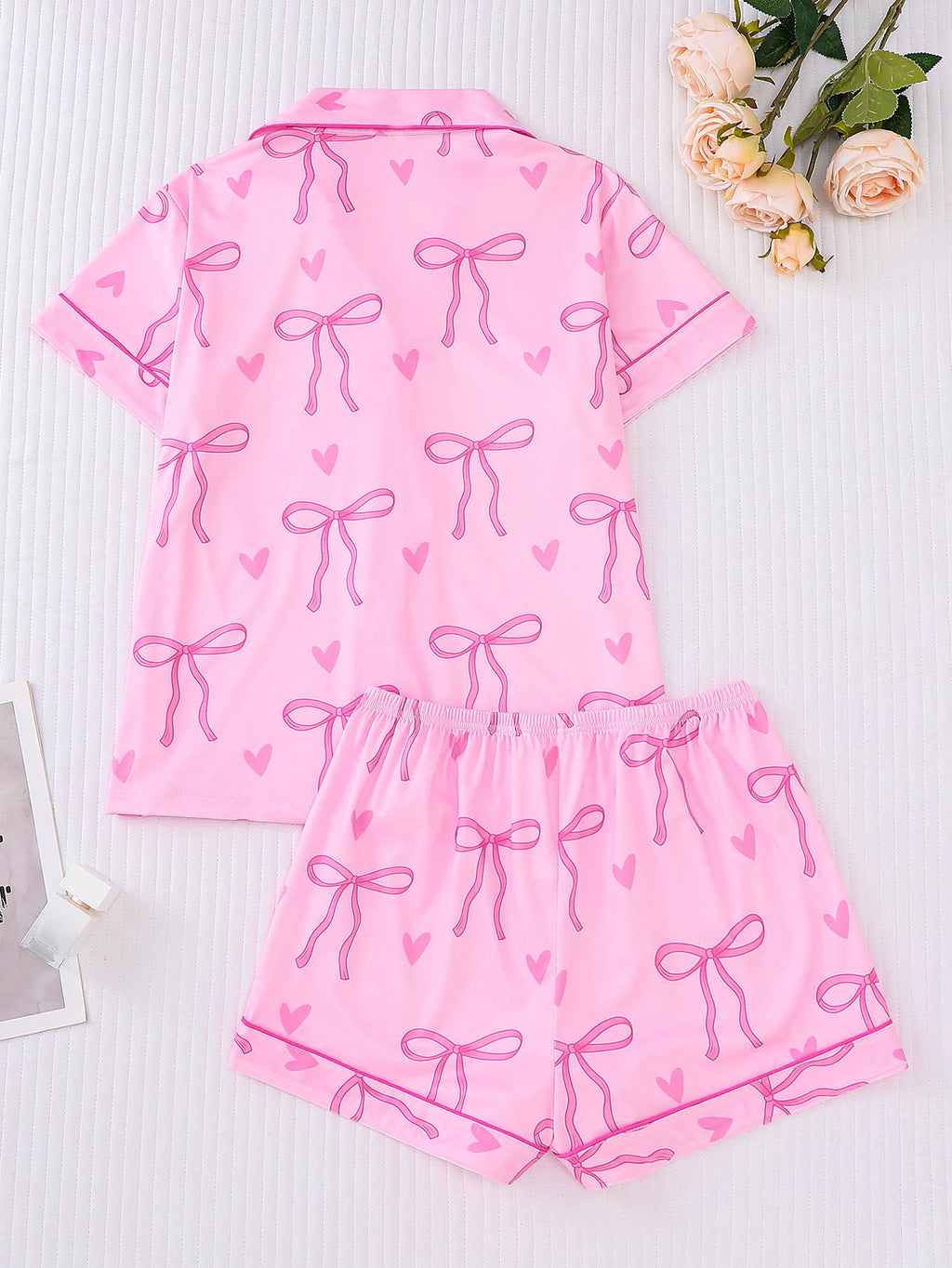 Bow and Heart Print Short Pajama Set - Pink - 1