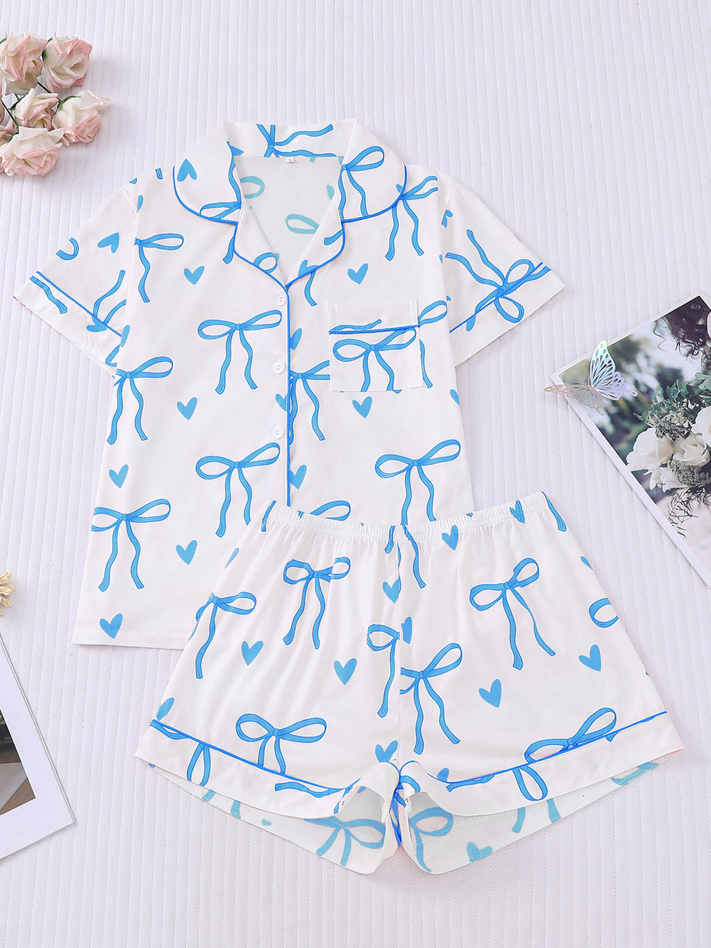Bow and Heart Print Short Pajama Set - SkyBlue