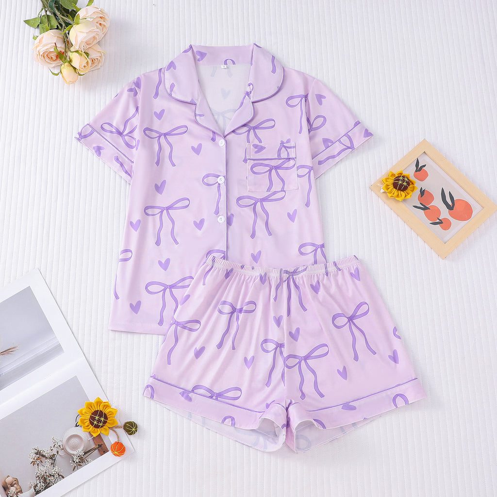 Bow and Heart Print Short Pajama Set - Violet