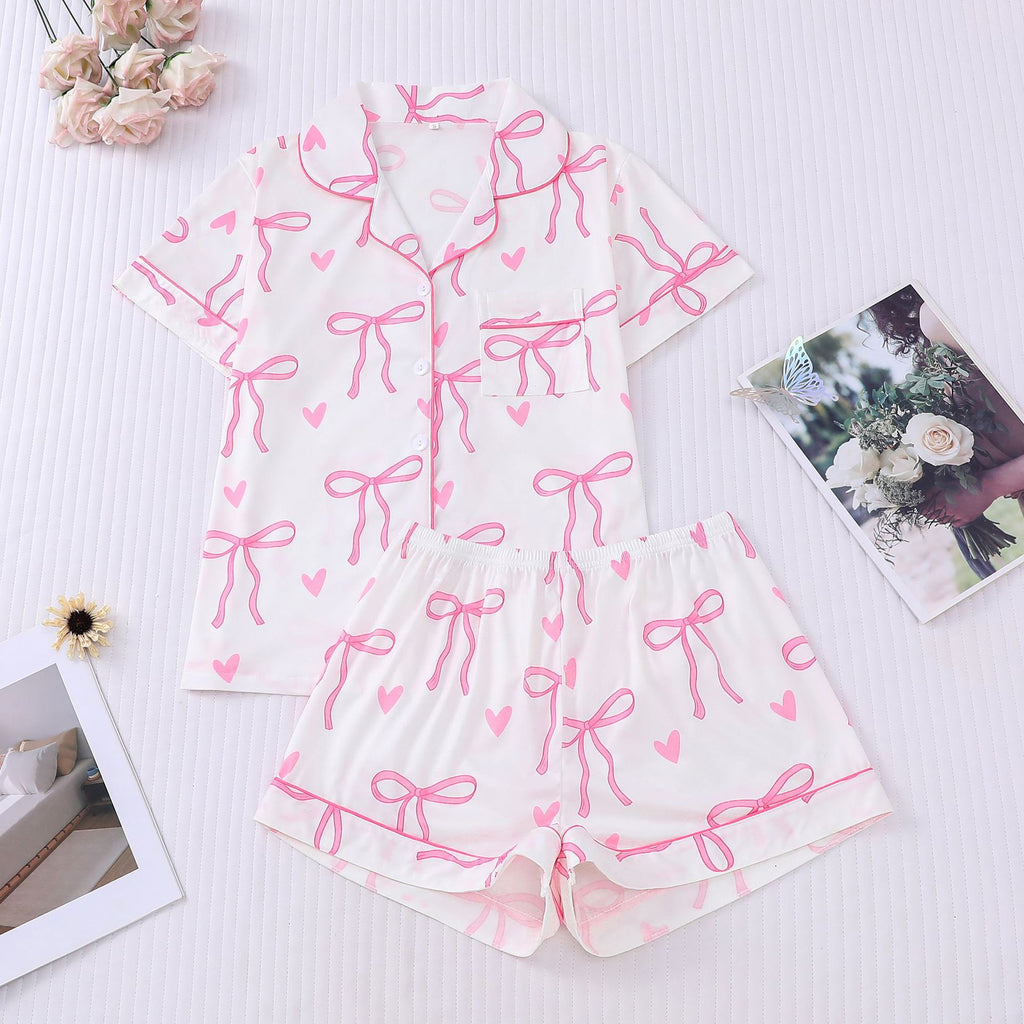 Bow and Heart Print Short Pajama Set - White