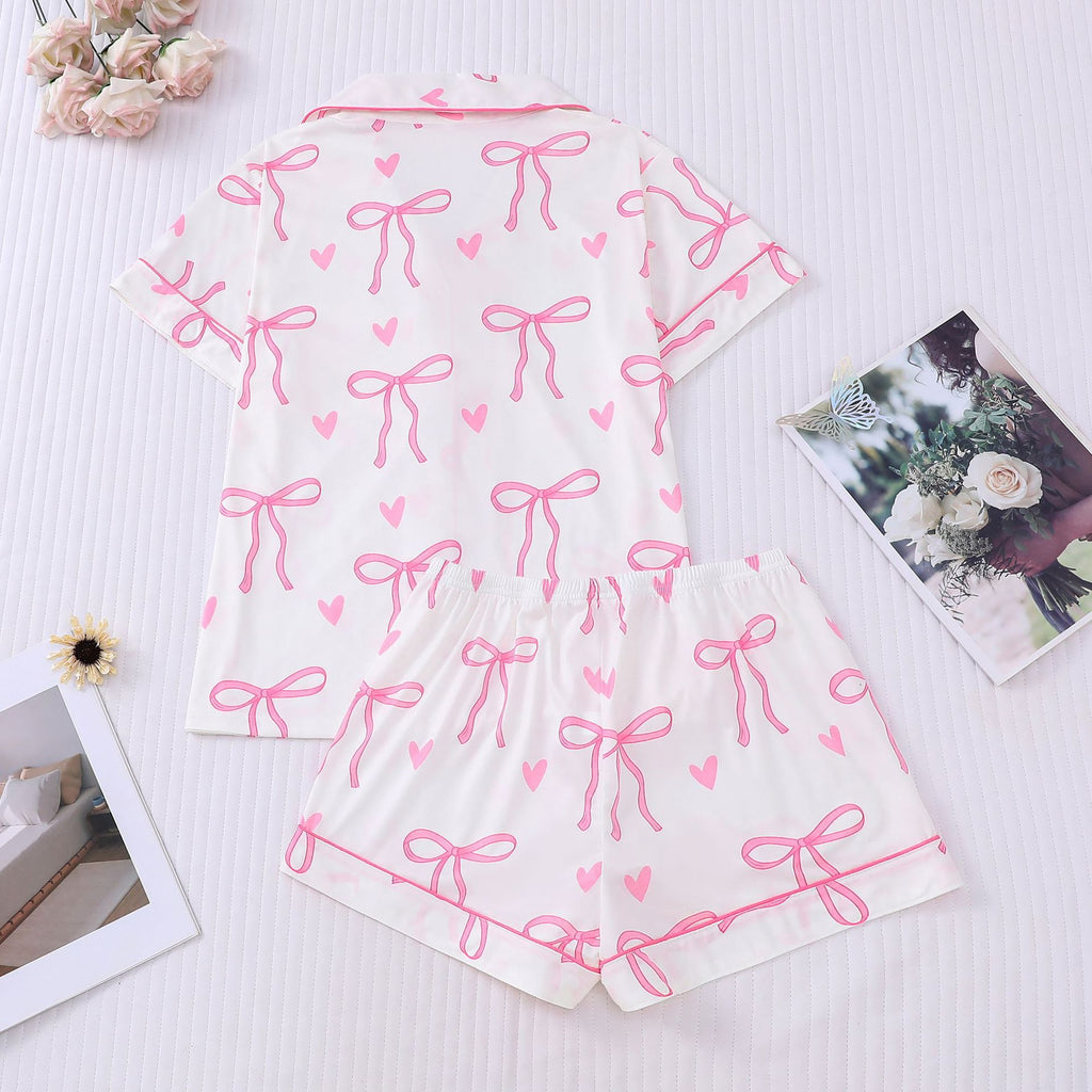 Bow and Heart Print Short Pajama Set - White - 1