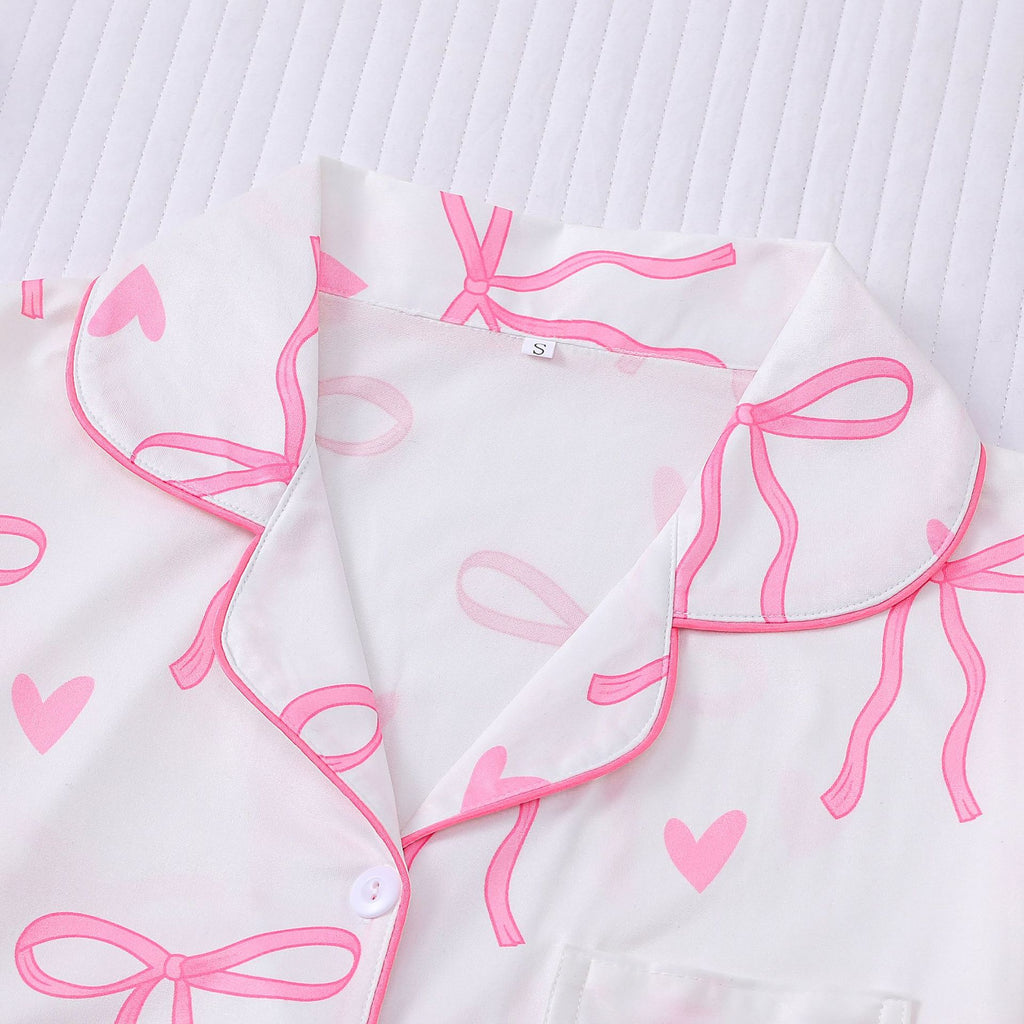 Bow and Heart Print Short Pajama Set - White - 2