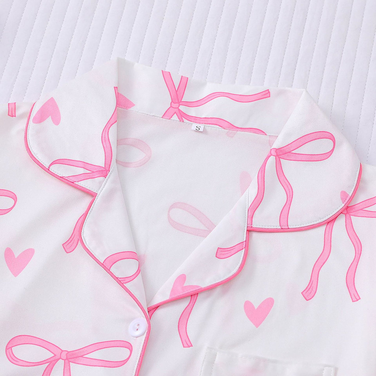 Bow and Heart Print Short Pajama Set - White - 2