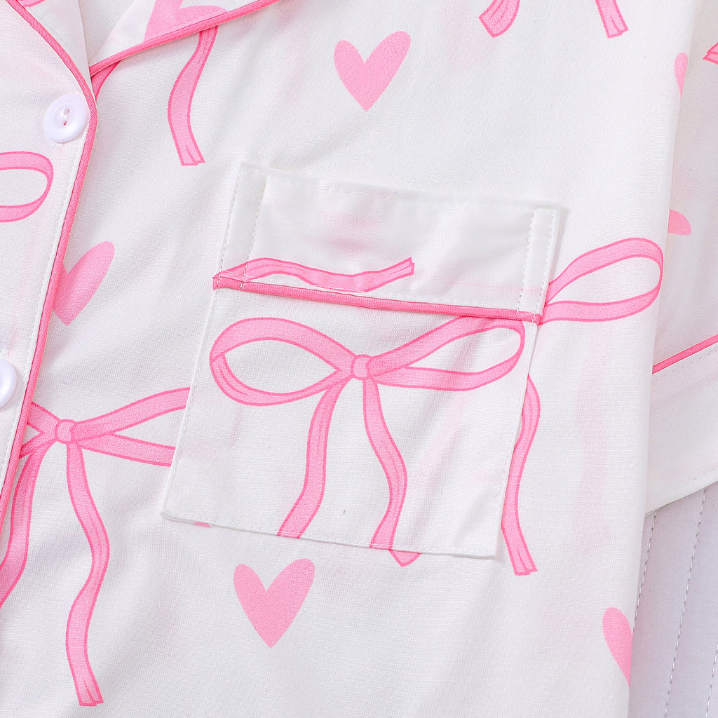 Bow and Heart Print Short Pajama Set - White - 3