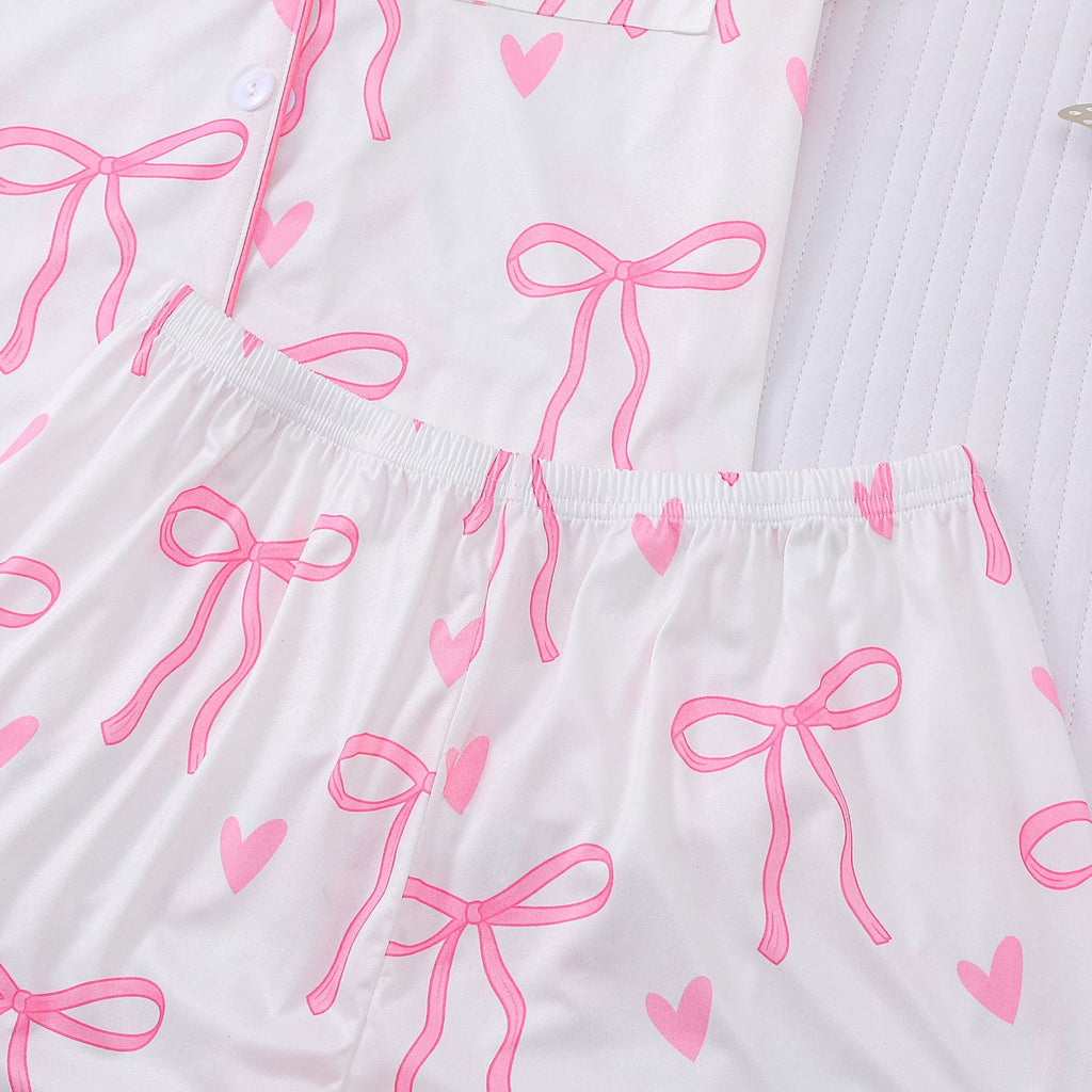 Bow and Heart Print Short Pajama Set - White - 4